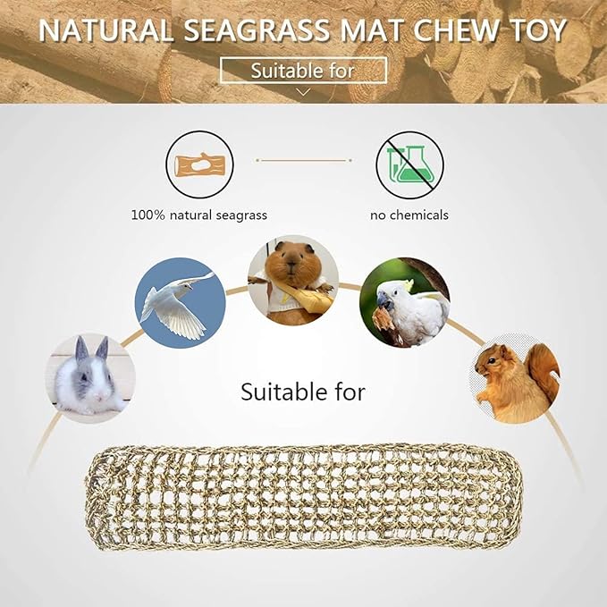 Bird Seagrass Mat 39.4×7" Natural Grass Woven Net Hammock Hanging on Parrot Cage with Hooks Parakeet Climbing Rope Ladder Chew Toys for Lovebird Cockatiel Conure Budgie Cockatoo Supplies