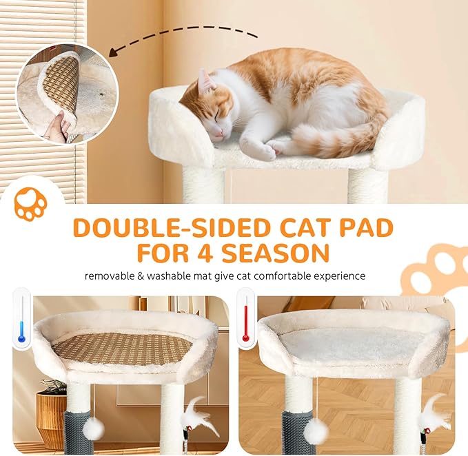 Small Cat Tree Tower, Cat Scratching Post 6-in-1 Cat Tree with Self Groomer Brush, Natural Sisal Scratcher Cute Kitten Climbing Tower with Bed, Hanging & Track Toy for Indoor, Beige