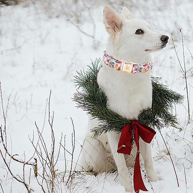 Elegant little tail Christmas Dog Collar, Pink Gingerbread Man Print Pet Collar Dog Durable Cute Dog Collars Winter Holiday Male or Female Pet Gift Adjustable Dog Collar for X-Small Puppy