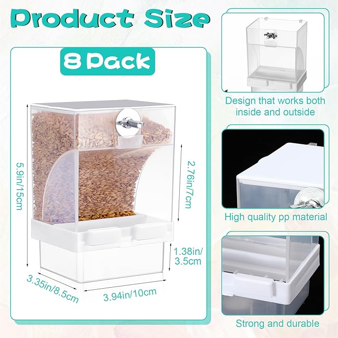 8 Pcs No Mess Bird Feeder Parrot Automatic Feeder Bird Seed Container Water Dispenser for Parakeet Seed Food Container Cage Accessories for Canary Cockatiel Finch