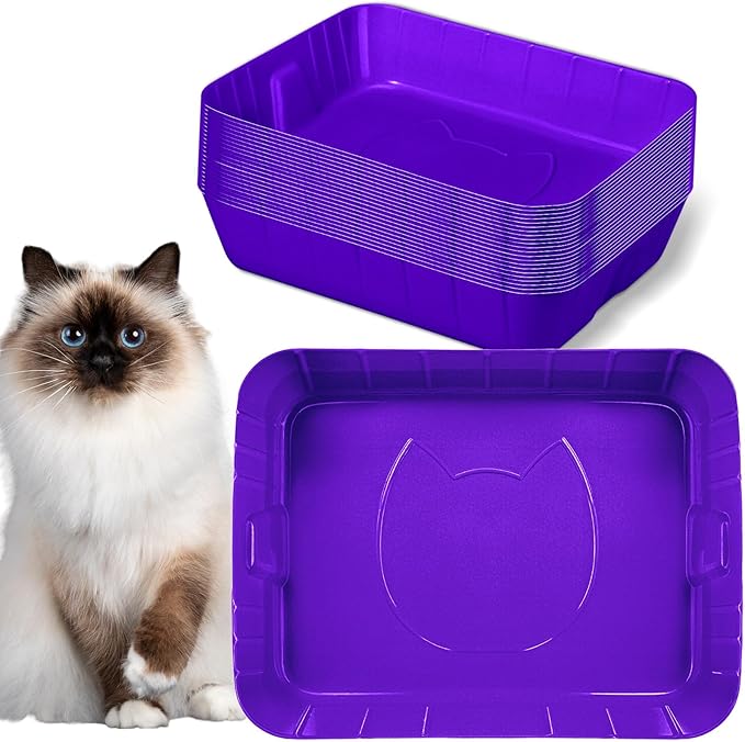 Bokon 25 Pcs Disposable Litter Boxes for Cats Plastic Cat Litter Tray Large Kitten Pan for Kitty Rabbit Guinea Pig Hamster Pets Supplies Travel Home Toilet, 15.7 x 11.8 x 3 Inches (Purple)