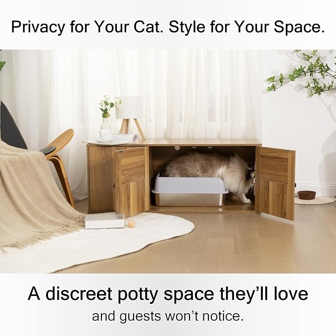 Wooden Cat Litter Box Enclosure with Storage Compartment with Adjustable Divider, Hidden Litter Box Furniture and Hall Table, Cat Box Enclosure, 42.5''L*18.5W*16.9H (Oak, Plain)