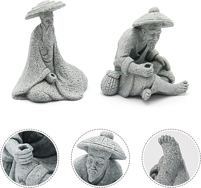 2PCS Mini Sitting Fishing Figurines Sandstone Vintage Ornament Japanese Decor for Fish Tank Pot Garden Home Aquarium Mini Fisherman Statue Asian Zen Decorations