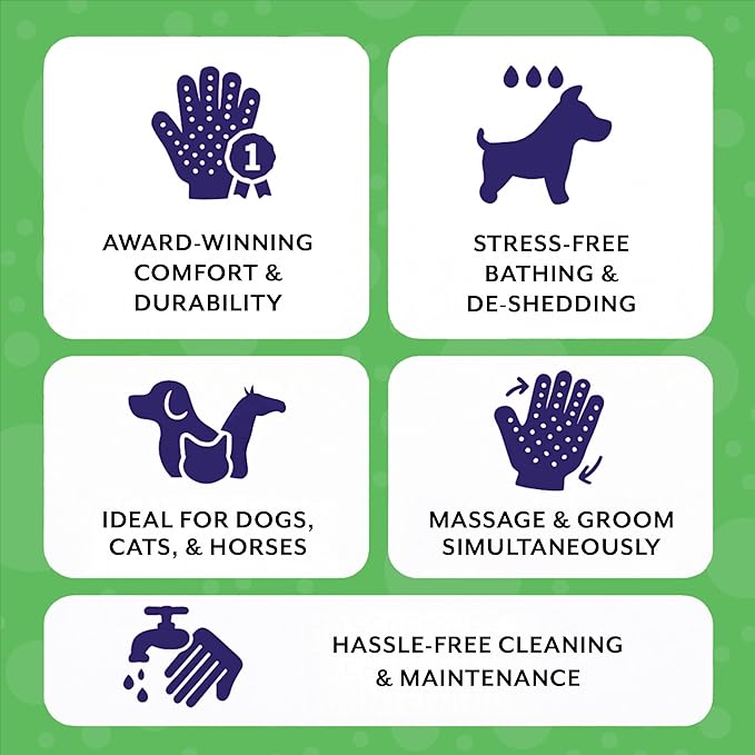 HandsOn Pet Grooming Gloves - #1 Ranked, Award Winning Shedding, Bathing, & Hair Remover Gloves for Cats, Dogs, and Horses (Green / Black, Medium)