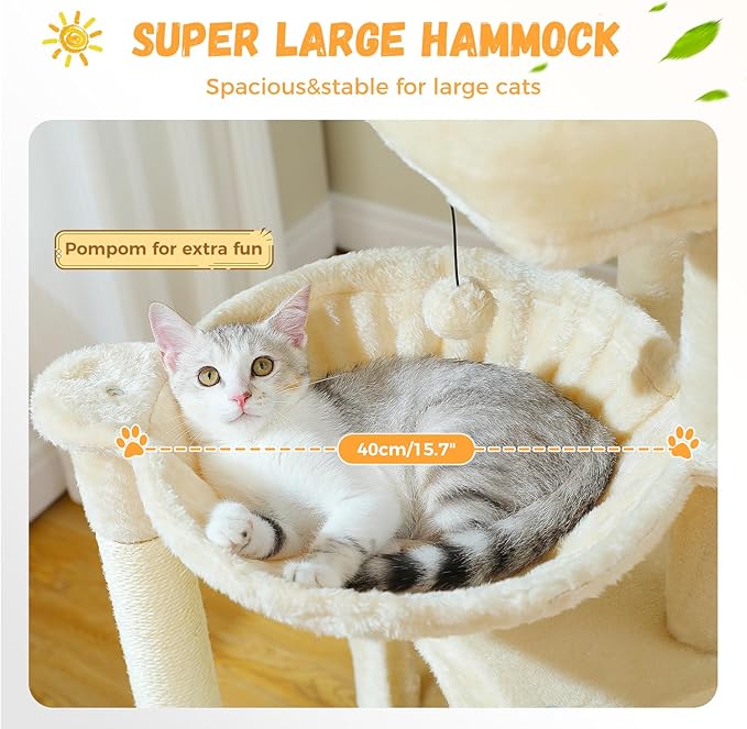 PAWZ Road Large Cat Tree, 41 Inches Multi-Level Cat Tower with 2 Spacious Condos for Indoor Cats, Large Cat House with Comfy Hammock, Padded Perch, Scratching Pad and Replaceable Balls