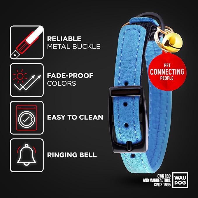 Leather Cat Collar with Bell & Elastic Strap - Pet Collar Leather - Kitten Collar - Small & Big Cat Collar for Boy & Girl Cats with Safety Elastic Strap (Blue, 8" - 12")
