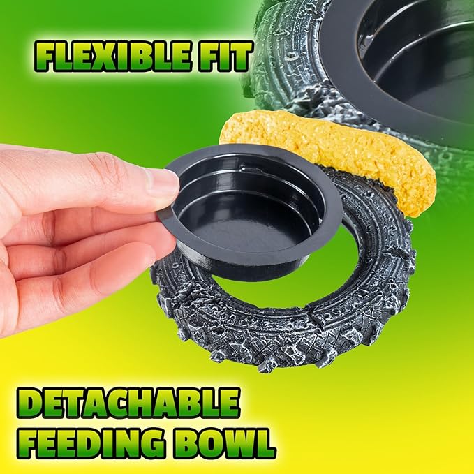 Magnetic Crested Gecko Feeding Ledge, Reptile Feeder Ledge with PVC Food Bowls, Tire-Shaped Reptile Water Dish for Crested Gecko Leopard Gecko Lizard Frog Bearded Dragon