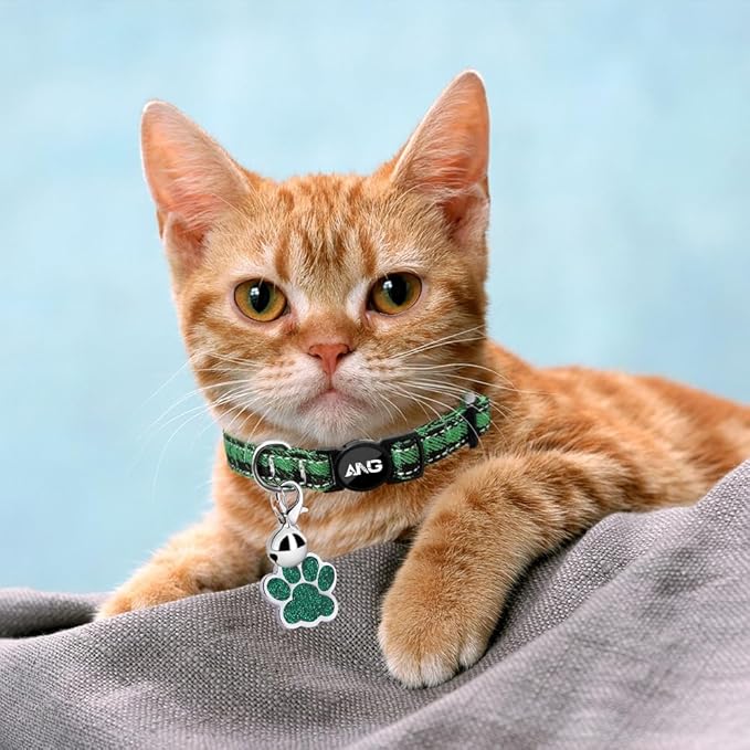 Personalized Breakaway Cat Collars - ID Tag, Bell, Bowtie - Safety Quick-Release, Customized for Girls & Boys Cats (Houndstooth-Green)