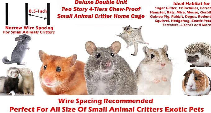 Deluxe Two Full Story Double Unit 4-Tiers Chew-Proof Tight 1/2-Inch Bar Spacing Double Durable Front Doors Feisty Ferret Hammock Squirrel Chinchilla Rat Gerbil Small Animal Critter Rolling Home Cage