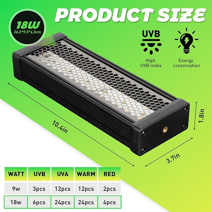 UVB Light for Bearded Dragon,Dimmable Brightness LED UVB Light for Reptiles,18W 10Inch Reptile UVB Heat Lamp for Chameleon,Turtles,Lizard,Tortoise,Gecko,Snake, Adjustable 6/10/12-Hour Cycles