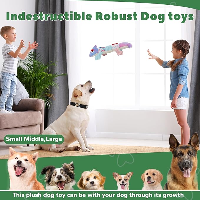 Crinkle Dog Toys Squeaky Plush No Stuffing Cute Puppy Stuffless Tough Rop Pull Toy, Fun Dog Stuffed Animals Durable Chew Set for Small Medium Large Pup (Large, Purple Chameleon)