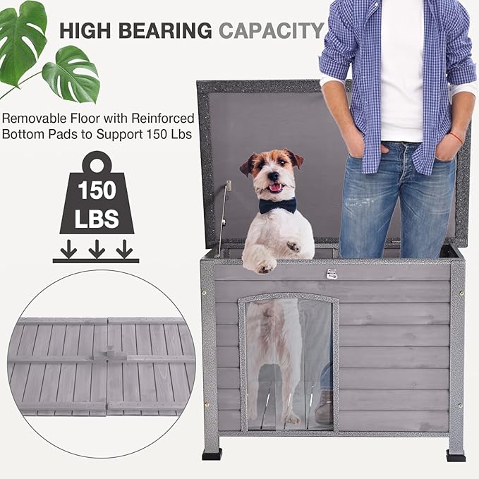 Dog House Outdoor Insulated Dog House for Small Medium Dogs, Natural Wood with Iron Frame, Waterproof Roof Raised Feet