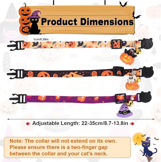 3pcs Halloween Cat Collars with Bells, Polyester Adjustable Breakaway Festive Kitten Puppy Fall Collars Playful Holiday Accessories for Small Dog Kitty Pets (Witch Hat, Pumpkin Cat, Ghost Pattern)