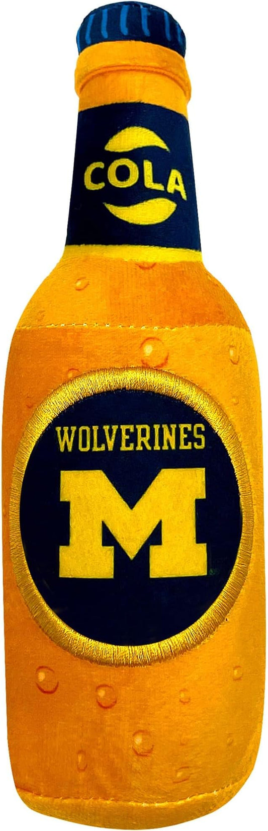 NCAA Michigan Wolverines Beer Bottle Plush Dog & CAT Squeak Toy- Cutest Stadium SODA Bottle Snack Plush Toy for Dogs & Cats with Inner Squeaker & Beautiful Football/Basketball Team Name/Logo
