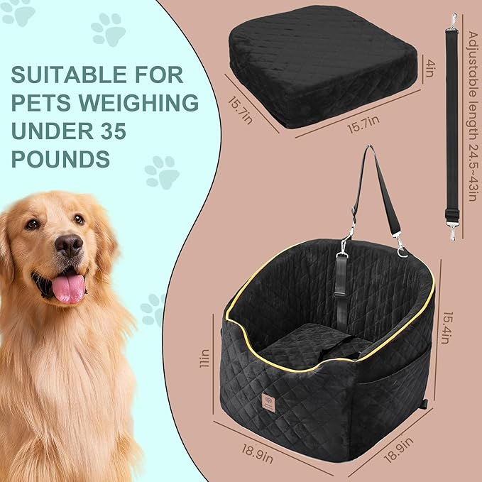 Aidou Dog Booster Seat for Small to Large Dogs & Cats, Pet Travel Safety Seat with Storage & 2 Rope, Dual-use for Car & Home (Black, Medium)