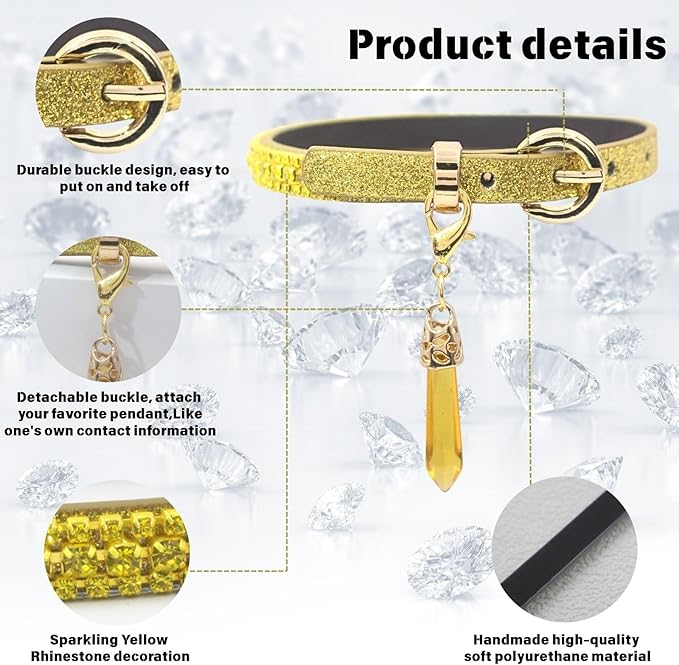 PEARLY JUN Rhinestone Dog Collars for Small Dogs Cat, S Yellow Bling Diamond Cat Collar Cute Luxury Crystal Pet Puppy