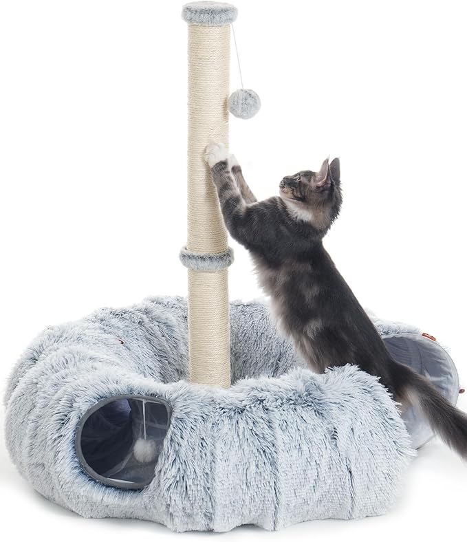 Cat Tunnel Toys for Indoor Cats, 2-in-1 Large Tunnel Bed with 34'' Tall Scratching Post, Interactive Pet Donut Toy for Kitten Puppy Rabbit Play, Grey