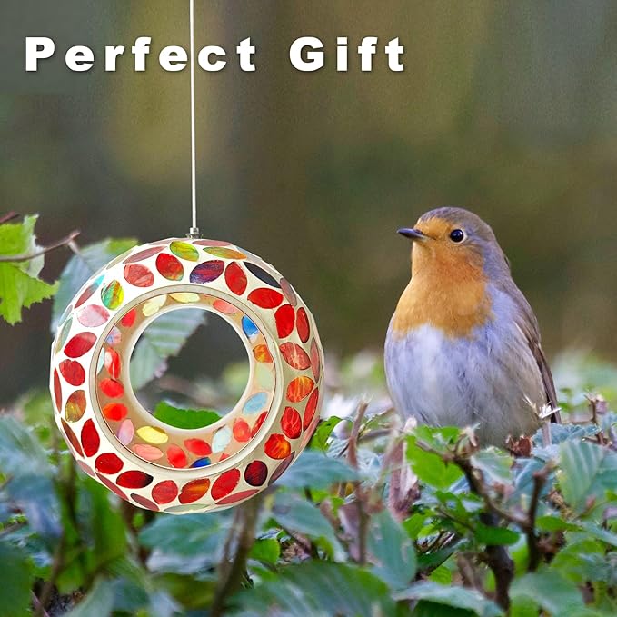 Bird Feeder Mosaic Fly Through Bird Feeder for Outside Hanging with Round Shape Glass Feeders to Attract Wild Birds for Garden, Deck, Yard, Backyard and Porch Decor, 7-Inch