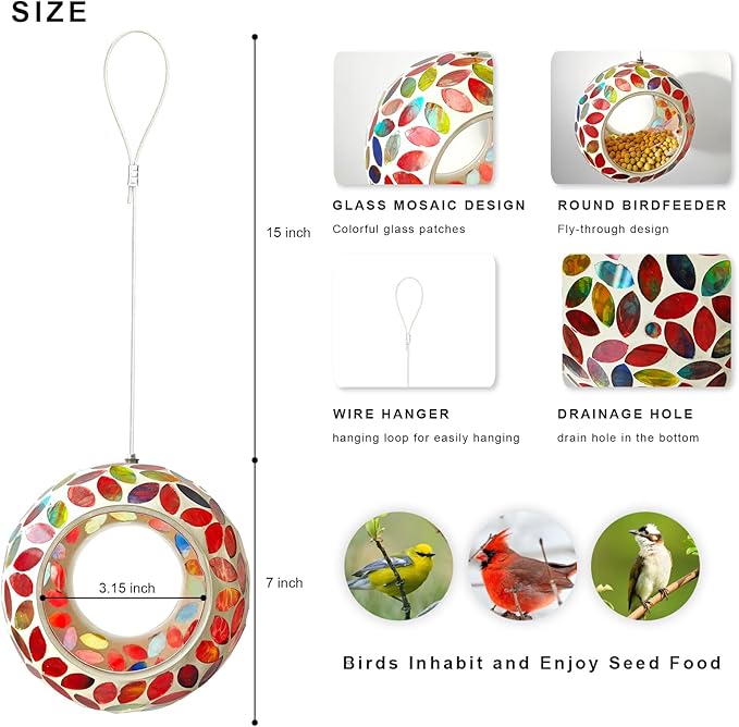 Bird Feeder Mosaic Fly Through Bird Feeder for Outside Hanging with Round Shape Glass Feeders to Attract Wild Birds for Garden, Deck, Yard, Backyard and Porch Decor, 7-Inch