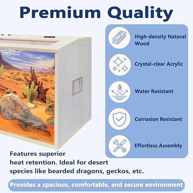 Prolee 63 Gallon Bearded Dragon Tank,Wooden Reptile Tank and Lizard Tank, Large Bearded Dragon Enclosure with Built-in Lamp Fixture, Snake Tank (40" L X 19.5" W X19.5 H)