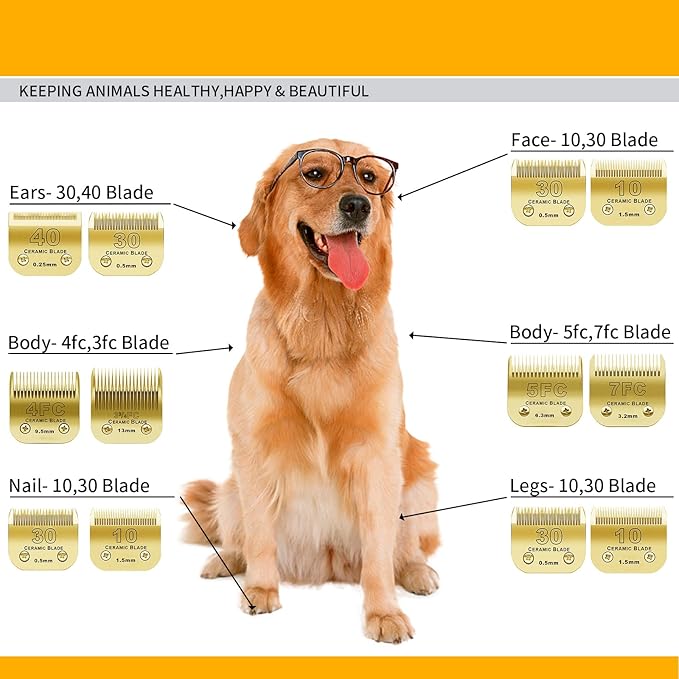 7 Pack Detachable Pet Dog Grooming Clipper Ceramic Blades Set,Compatible with Andis,Oster A5,Wahl KM10 Series Clippers,Gold (10+30+40+7FC+5FC+4FC+3FC)