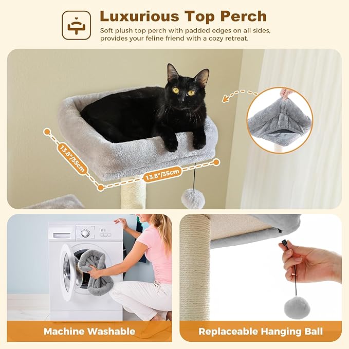 PAWZ Road Cat Tree Tower 62 Inches Cat Tree with 2 Condos,2 Large Perch,4 Scratching Posts & 1 Scratching Board, and 2 Hanging Balls for Indoor Cats-Grey