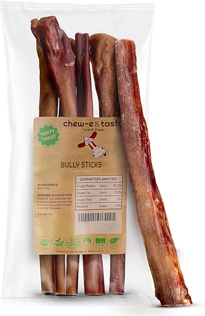 chew-e&tasty 12" Monster Odor Free Bully Sticks (Pack of 5) - Long Lasting Beef Chews - 100% Beef Single Ingredient Made of Digestible High Protein & Low Fat Dental Treats for Large - Very Large Dogs