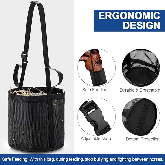 2 Pcs Horse Feed Bags for Grain Mesh Grain Feeder Bucket with Adjustable Strap and Waterproof Bottom for Feeding Fodder Powder Supplements(Black and Blue)