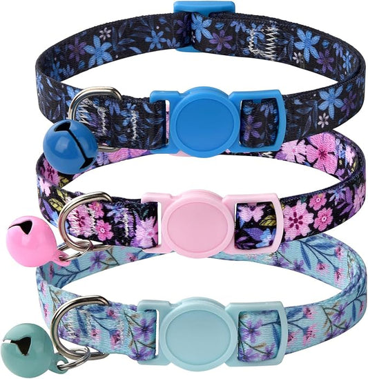 Cat Collar Breakaway with Bells, 3 Pack Girl Boy Pet Cat Collar with Bohemia Floral Tribal Geometric Patterns, Adjustable 7.5-12 Inch, with Safety Buckle for Kitten Cat(Set A)