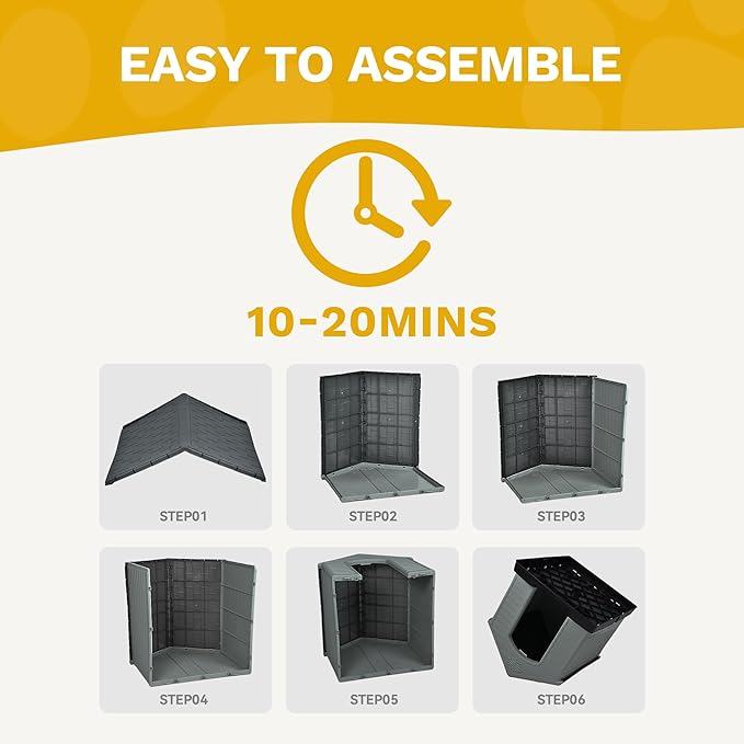 DWVO Spacious Plastic Dog Shelter, Weatherproof Outdoor/Indoor Doghouse, Puppy Kennel with Air Vents and Elevated Floor, 41.3''L*38''W*38.8''H, Black+Gray