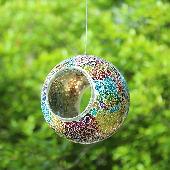 Yinns Mosaic Bird Feeder- Fly Through Glass Bird Feeders for Outside Hanging with Round Shape Glass Container Wild Birdfeeder for Garden Decor, 6.5 Inch Multicolor