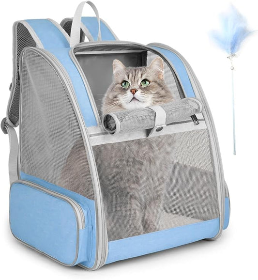 Cat Backpack Carrier, Large Pet Backpack with Kitten Wand Feather Toy for Medium Small Dog Cat Puppy Kitty Bunny up to 15lbs, Ventilated Mesh Dog Travel Carrier for Hiking Walking Outdoor Use (Blue)