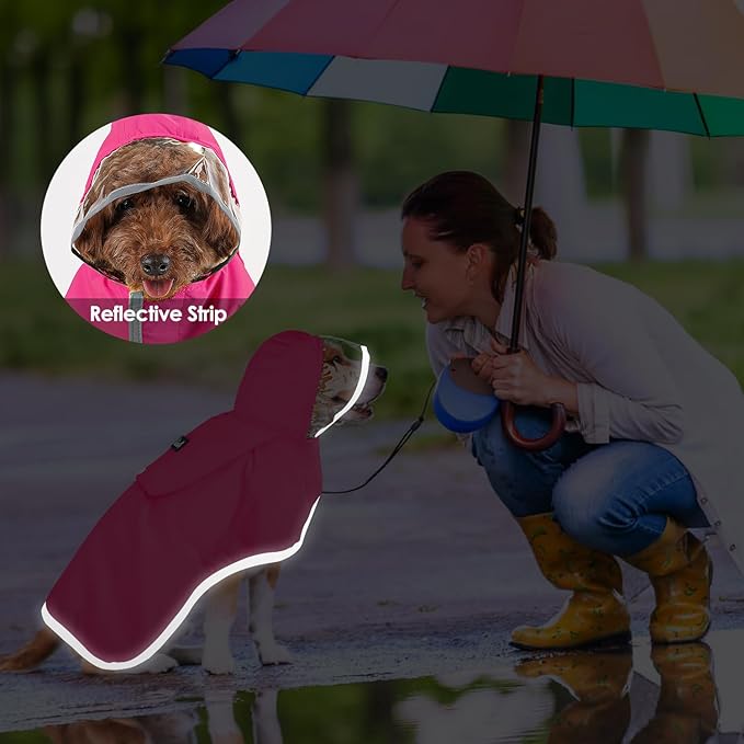 Lukovee Dog Raincoat, Adjustable Dog Rain Jacket with Clear Hooded Double Layer for Large Medium Small Dogs Puppies, Waterproof Rain Coat Poncho with Reflective Storage Pocket & Rim (Fuchsia, S)