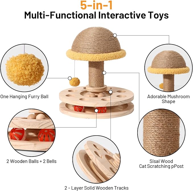 Sisal Cat Scratcher for Indoor Cat Kitten Mushroom Cat Scratching Post with Hanging Ball,Solid Wooden 2 Level Track,Interactive Toy