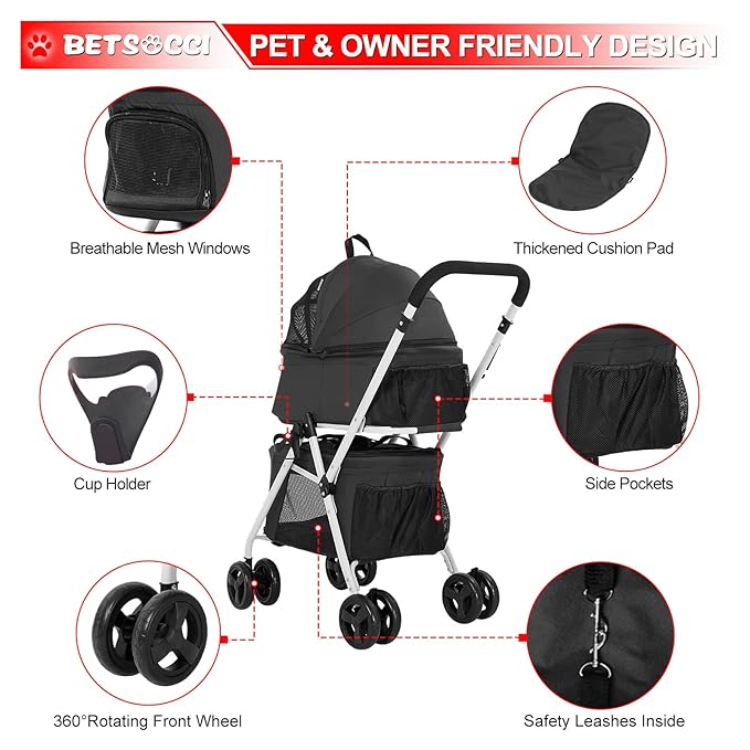 Double Dog Stroller with 2 Detachable Carrier, Portable Pet Stroller for Small Dogs & Cats Folding Lightweight Puppy Travel Carriage, 4 Wheels, Black
