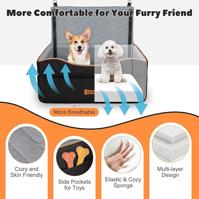 Dog Car Seat for Medium Dog, Dogs Booster Seat Under 50Lbs or 2 Small Dogs Washable, Pet Car Seats with 2 Safety Leashes, Pets Sofa Bed Cushion Add Thick Sponge, Pet Cars Carrier for Travel