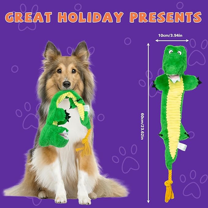 Crinkle Dog Toys Squeaky Plush No Stuffing Cute Puppy Stuffless Tough Rop Pull Toy, Fun Dog Stuffed Animals Durable Chew Set for Small Medium Large Pup (Large, Alligators)