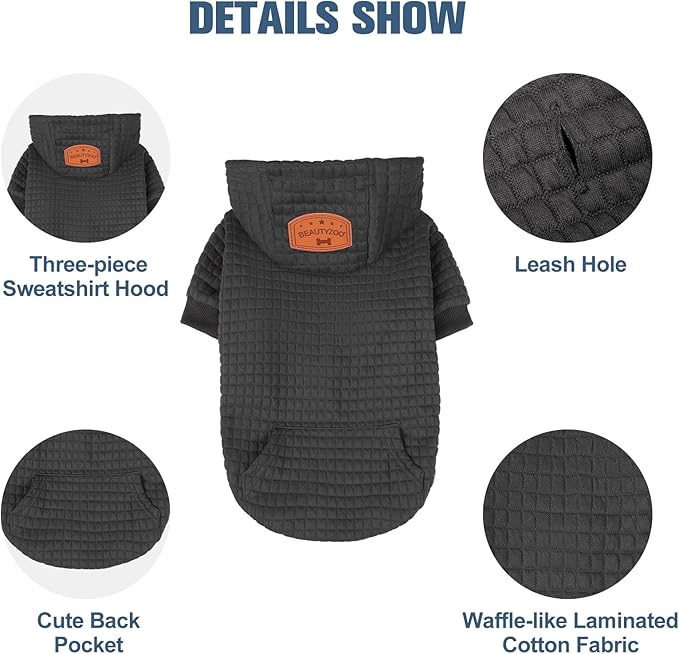 BEAUTYZOO Small Dog Hoodie Sweater with Pockets, Dog Clothes for Small Medium Dogs Boy Girl, Waffle-Like Laminated Cotton Pet Coats with Hat and Leash Hole, Black XL