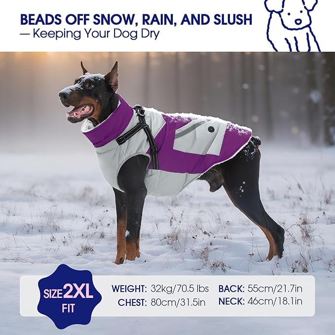 FUAMEY Dog Winter Jackets for Large Dogs,Dog Coat with Harness Built in,Waterproof Dogs Snowsuits Warm Pet Jacket Zip Up Fleece Cold Weather Coats Reflective Puppy Vest with Pocket Purple 3XL