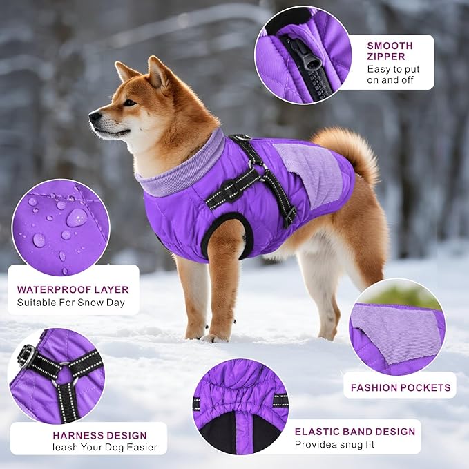 Mosucoirl Warm Dog Coats Pet Clothes, Waterproof Dogs Jacket Reflective Pet Outfits Winter Dog Cold Weather Coat Cozy Snow Jackets Vest for Small Medium Large Dogs Puppy Doggie (Purple, XS)