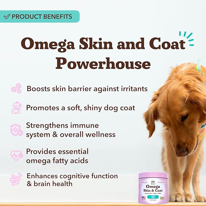 Natural Dog Company Omega Chews for Dogs Skin and Coat Support with Salmon Oil and Fatty Acids, Helps Itchy Skin, Dryness, Shedding, Supports Joints, Heart,Immune System & Overall Health (180 cnt)