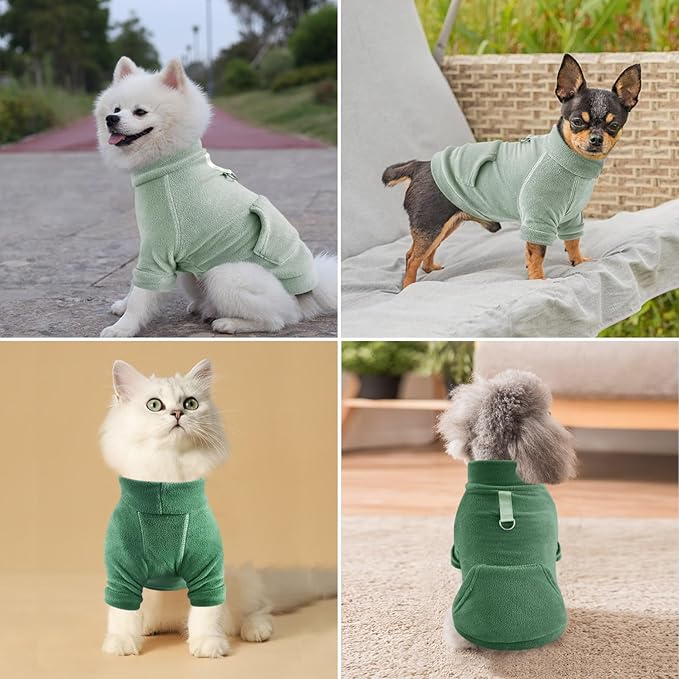 Idepet Fleece Sweater 2 Pack, Winter Dog Clothes Turtleneck Sweatshirt Pet Clothing Stretchy Small Coat Cat Apparel with Leash Ring, Green, Dark Green, Medium