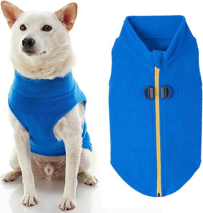 Gooby Zip Up Fleece Dog Sweater - Blue, Small - Warm Pullover Fleece Step-in Dog Jacket with Dual D Ring Leash for Small to Medium Dogs
