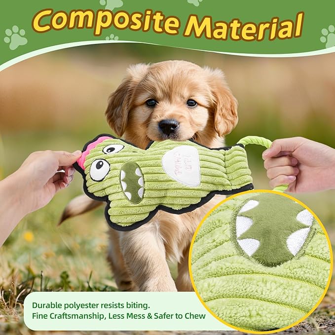 2-Pack Squeaky Dog Toys & Tough Tug of War Set - No Stuffing Chew-Resistant Plush Toys to Keep Them Busy, Best Birthday Gift for Small/Medium/Large Breeds (Dino & Gorilla)