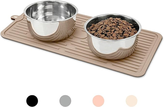 Ptlom Pet Placemat for Dog and Cat, Anti-Slip Waterproof Dogs Feeding Mat Prevent Food and Water Overflow, Bowl Mats Suitable for Medium and Small Pets, Taupe, Silicone