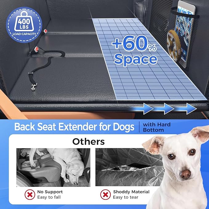 Back Seat Extender for Dogs, Hard Bottom Dog Car Seat Cover for Truck Back Seat, Upgraded PU Leather Dog Hammock for Car, Waterproof, Anti Scratch, Larger Space,(Holds 400lbs)
