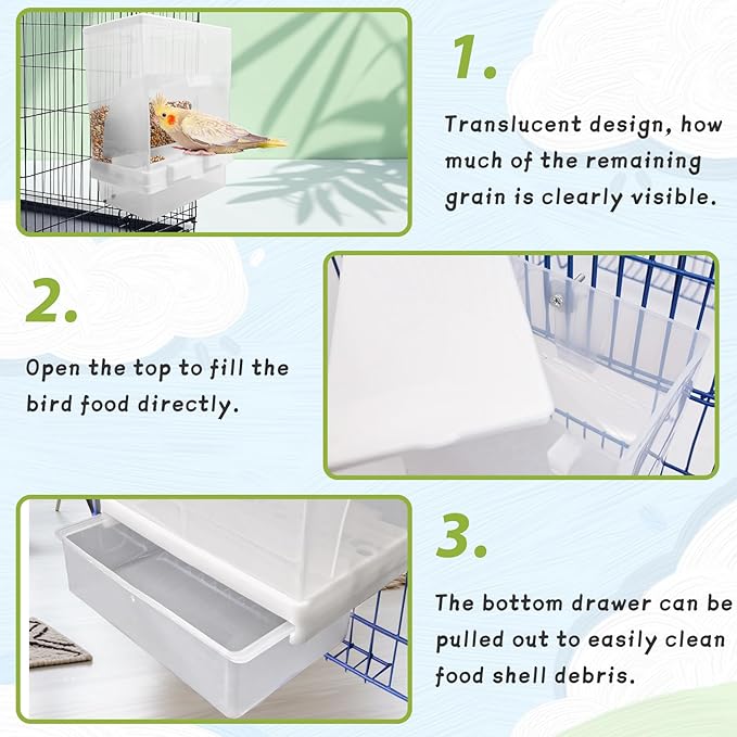 PINVNBY 2 PCS No Mess Bird Feeder Water Dispenser Set, Automatic Birds Water Feeder, Parakeet Seed Food Feeding Drinker for Cage, Plastic Parrot Feeder Accessories for Parakeets Cockatiel Lovebird