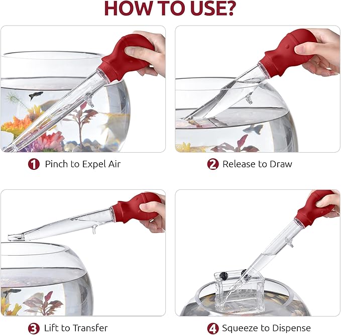 U-Taste Aquarium Pipette Cleaner: 1.5oz Coral Feeder for Fish Tank Cleaning, Manual Feeding Tube, Food Grade Siphon Dropper, Waste Remover with Strong Suction & Stand & Brush (11.98in, Red)