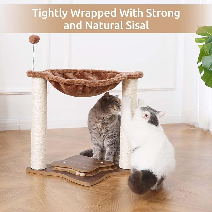 Simple Deluxe Small Cat Tree Tower with Scratching Post, 4-in -1Cat Tree with Hammock,Dangling Ball,Natural Sisal Cat Scratcher,Wooden Interactive Track Ball Base for Indoor Kittens,18inches