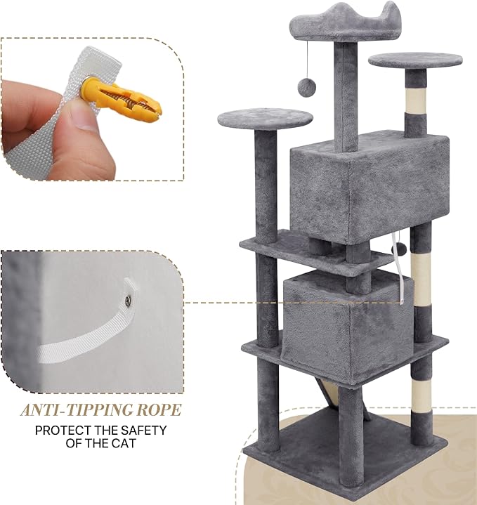 Athena Collection Modern Cat Tree Tower, 60 Inch Tall Cat Tree Climbing Tower with Scratching Post 2 Condo Multi-Level Activity Center and Playing Ball for Indoor Large Adult, Dark Grey